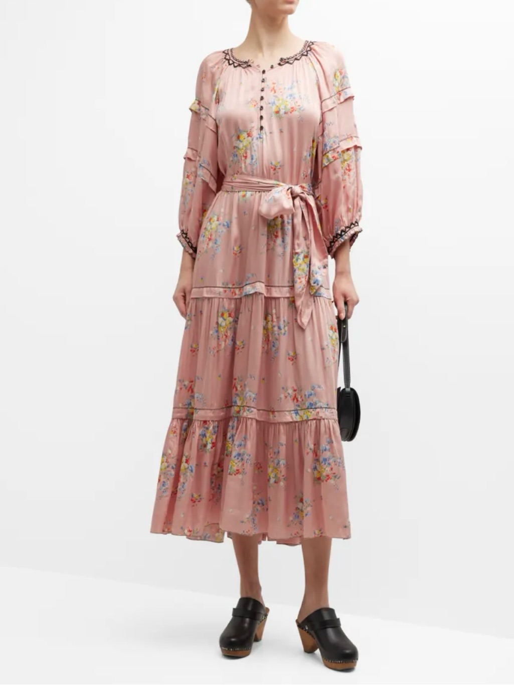 The Great Sachet Dress Floral Pink Tiered Midi Dress With Waist Tie Small Size 1